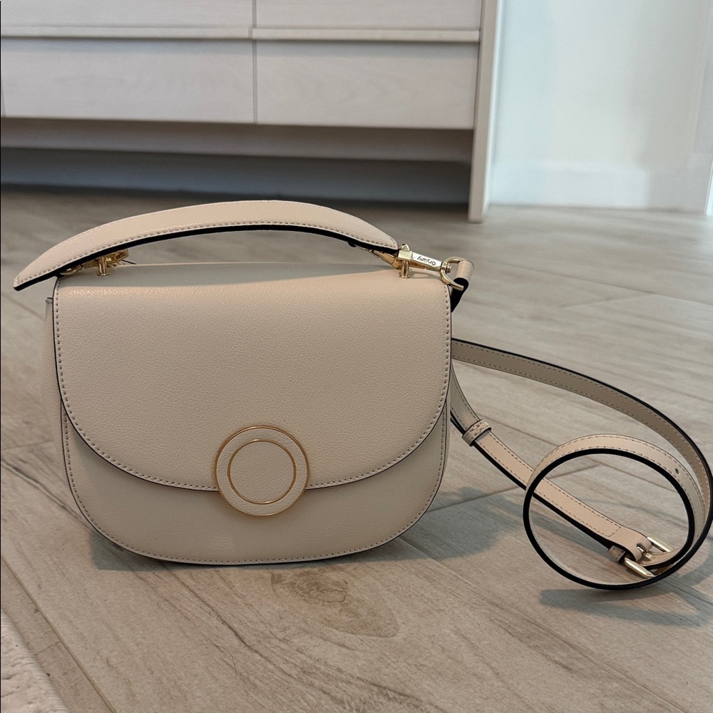 Oryany Cream Pebbled Leather Bag with Gold Accents